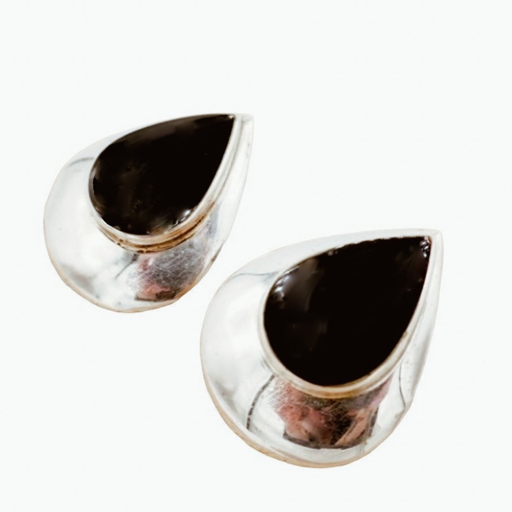 Vintage 925 Sterling Silver and Onyx‎ Teardrop Button Earrings 1 Inch length
